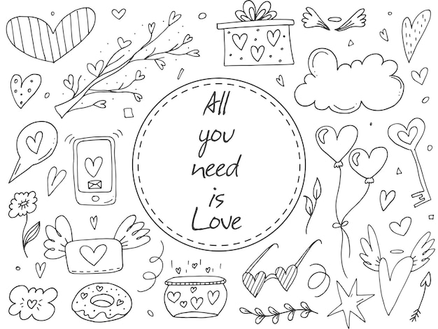Grote reeks schattige handgetekende doodle-elementen over liefde Berichtstickers voor apps Pictogrammen voor romantische Valentijnsdag-evenementen en bruiloft