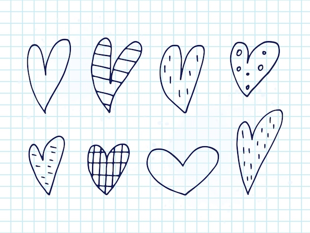 Vector grote reeks schattige handgetekende doodle elementen over liefde berichtstickers voor apps pictogrammen voor valentijnsdag romantische evenementen en bruiloft een geruit notitieboekje harten met strepen en textuur