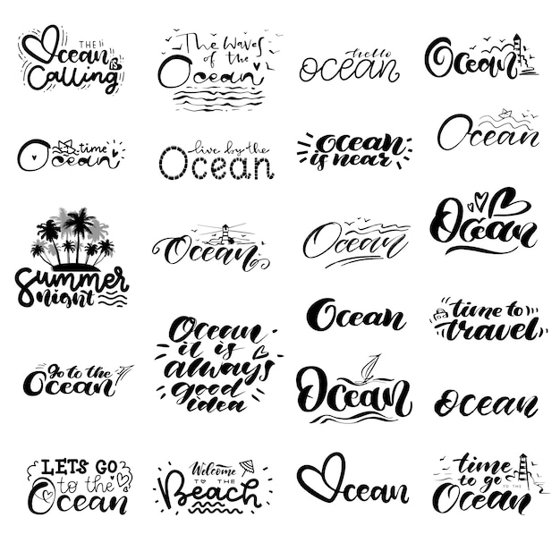 Grote reeks van hand belettering over Oceaan met doodle elementen