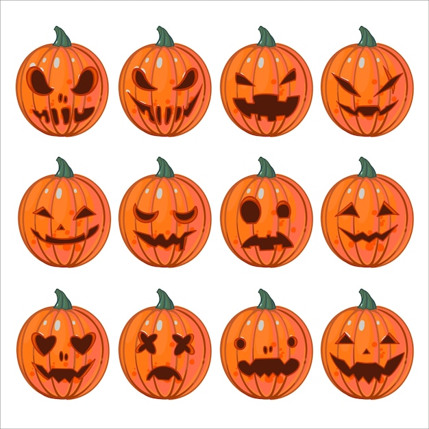 Grote reeks van vectorillustraties met jack-o'-lantern met verschillende uitingen van emoties