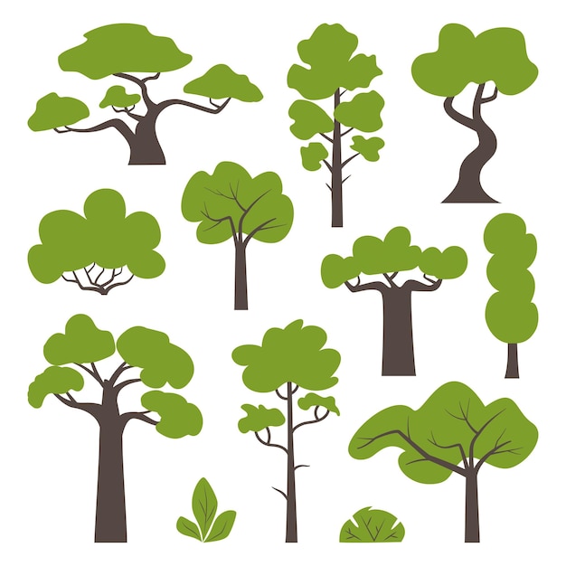 Grote reeks van verschillende groene bomen en struiken Boompictogrammen in een moderne vlakke stijl Vectorillustratie