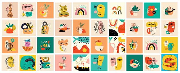 Vector grote reeks verschillende gekleurde illustratieposters in cartoon flat-ontwerp