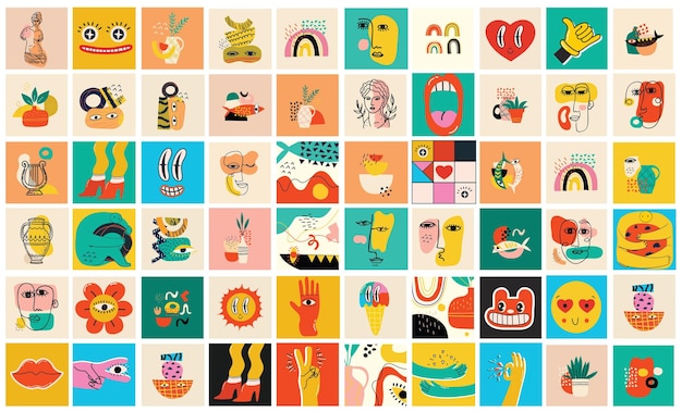 Grote reeks verschillende gekleurde vectorillustratieposters in cartoon flat-ontwerp