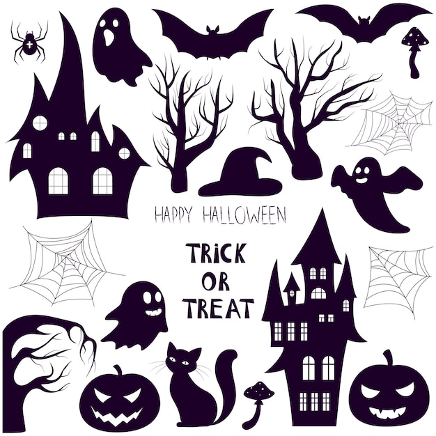 grote reeks zwarte silhouetten van halloween-illustraties