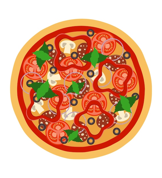 grote ronde pizza met kaas, tomaat, salami, olijf, champignon, ui, voorraad vectorillustratie