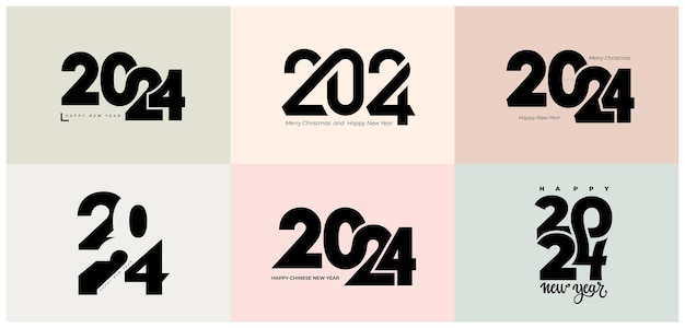 Grote set 2024 Happy New Year zwart logo tekstontwerp Zwarte nummer ontwerpsjabloon Symbolen van 2024