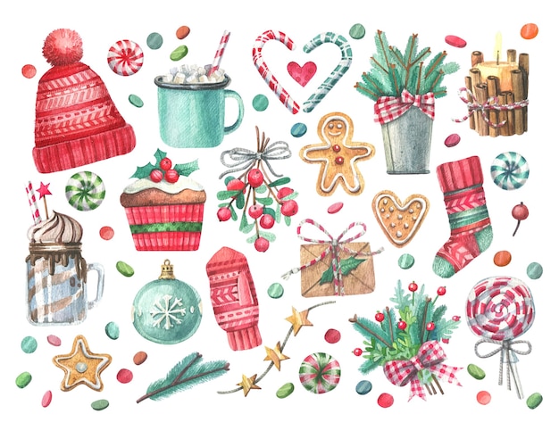 Grote set aquarel illustraties over het kerstthema.