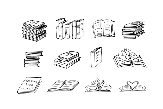Grote set boeken in doodle-stijl Bibliotheek lezen literatuur schrijver open boek stapel boeken