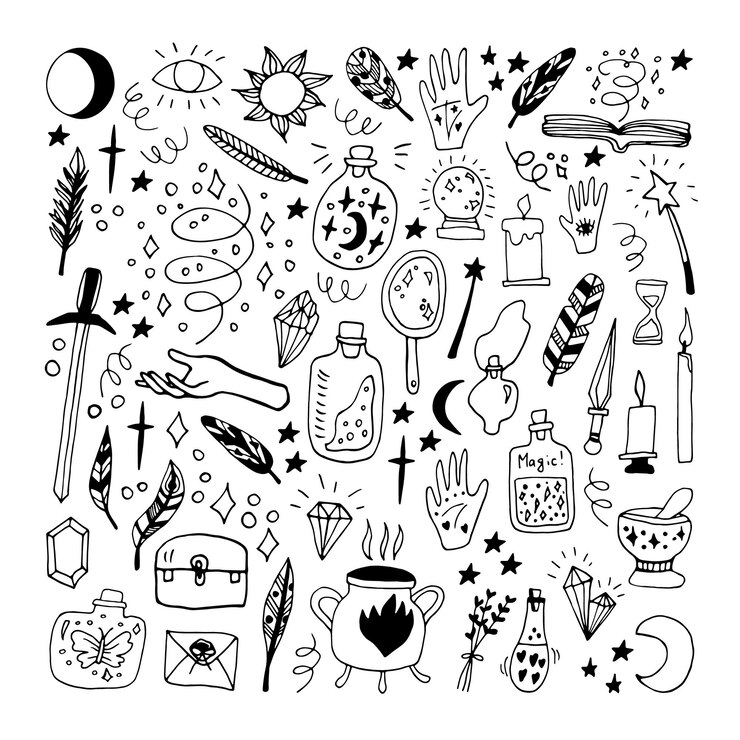 Vector grote set doodle vectorelementen over esotericus. handgetekende potten, veren, handen, ketel, zon, maan, kaarsen, sterren en andere magische symbolen. geïsoleerd op een witte achtergrond.