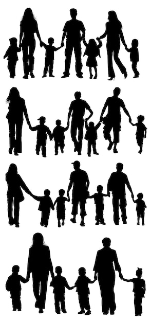 Grote set familie silhouetten ouders met kinderen hand in hand vectorillustratie geïsoleerd op transparante achtergrond