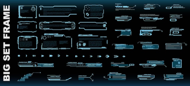 Grote set frames of schermen met informatie Transparante schermen op zwarte achtergrond in de stijl van HUD GUI UI Gebruikersinterface voor HUD-interface