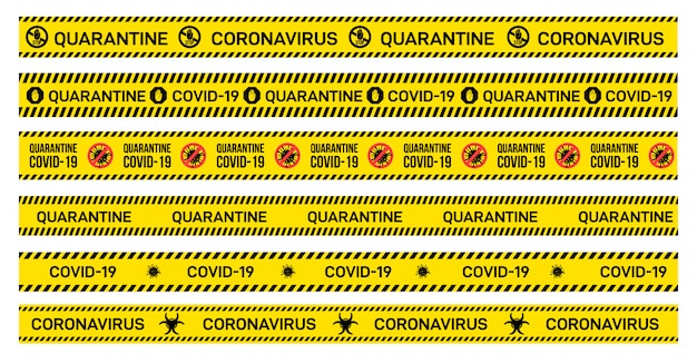 Grote set gele voorzichtigheidstape met quarantine, covid-19, coronavirus erop geschreven. waarschuwingsbord voor uitbraak. illustratie. geïsoleerd op een witte achtergrond.