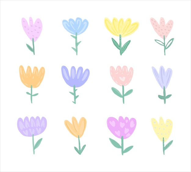 Grote set handgetekende tulpen door aquarel in een kinderachtige stijl