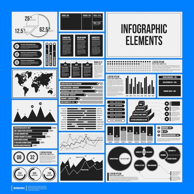 Grote set infographics elementen in zwart-witte kleuren op blauwe achtergrond. Monochroom ontwerp. Minimalistische stijl.