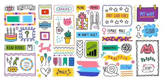 Grote set Journal pictogrammen grenselementen Opmerking pictogram sticker voor school Vectorillustratie