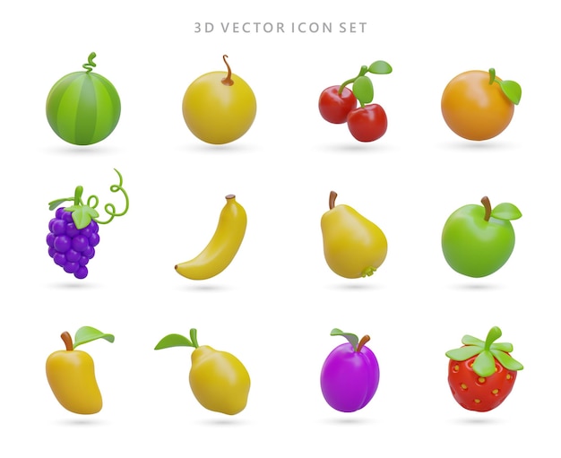 Grote set van 3D-iconen fruit en bessen geïsoleerde vector afbeelding op witte achtergrond