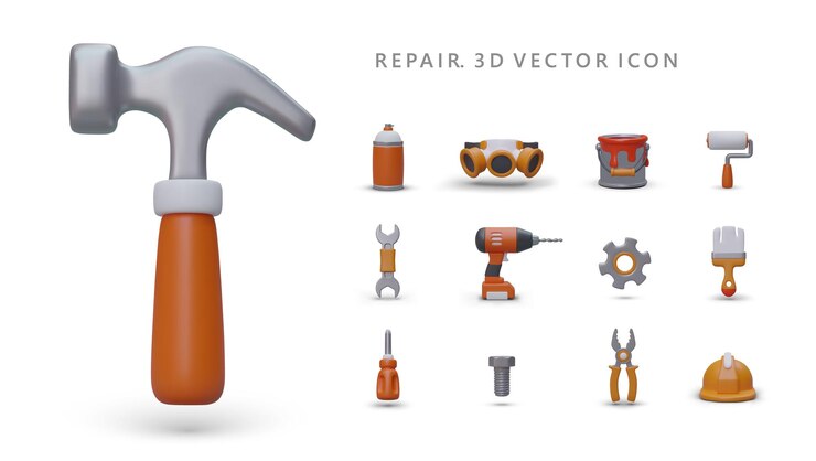 Vector grote set van 3d-tools iconen bouw reparatie schilderwerk kleuren gereedschappen voor professioneel en thuis gebruik dingen voor werk en bescherming collectie van geïsoleerde beelden in cartoon stijl