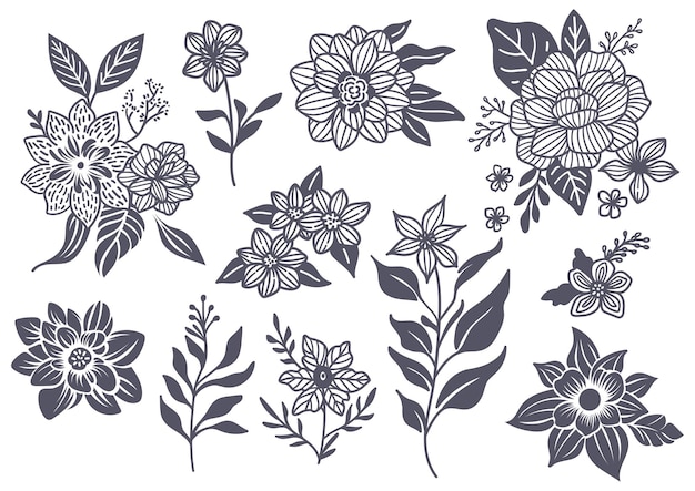 Grote set van botanische bloem en blad doodle element