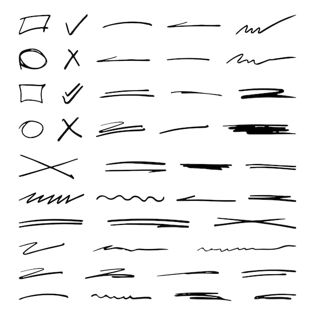 Grote set van met de hand getekende checkmark en penseel lijnen zwarte marker checkmark onderstreep stroke vector