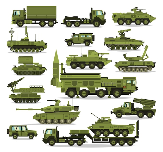 Grote set van militaire uitrusting Zware reserveringen en speciaal transport Uitrusting voor de oorlog De raket tanks vrachtwagens gepantserde voertuigen artilleriestukken Geïsoleerde objecten Vector illustratie