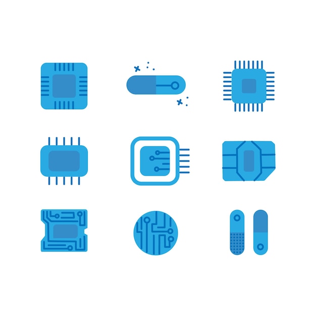 Grote set van platte microchip computerchip microschakeling element vector blauwe illustraties