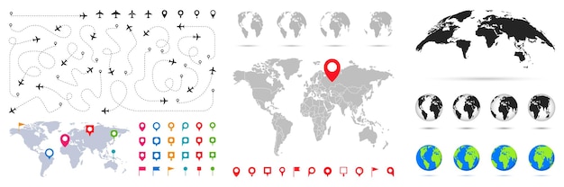 Grote set van wereldkaarten globes en locatie pinnen