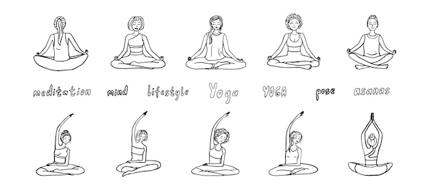 Grote set van Yoga thema Yoga liefhebbers meisje Balans lichaam geest energie fitness gezondheid Doodle stijl