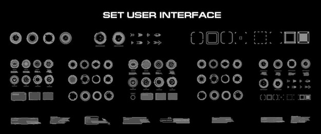 Vector grote set vectorelementen voor grafische gebruikersinterface dialoogframes met toelichtingen, cirkels en titels voor moderne schermen of videogames grafische elementen instellen voor de hud-gebruikersinterface