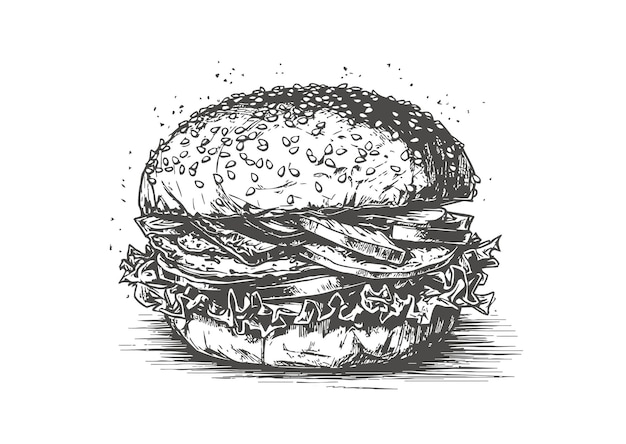 Grote smakelijke cheeseburger in zwart-wit Een handgetekende schets gemarkeerd op een witte achtergrond Vector illustratie