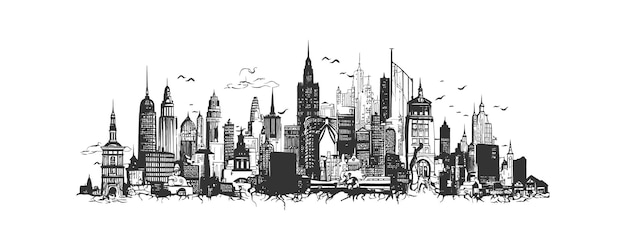Grote stad silhouet schets hand getrokken in doodle vector illustratie ontwerp