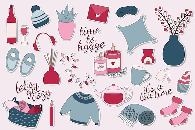 Grote stickercollectie met stickers in hygge-stijl Gezellige huiselementen