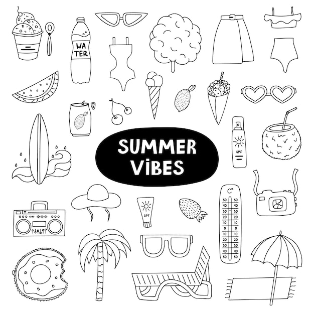 Grote trendy set over zomervakantie tropisch strand warm weer zomer rest hand getekende vector vakantie set in vlakke stijl geïsoleerde doodle en clipart seizoensgebonden drankjes entertainment outfits