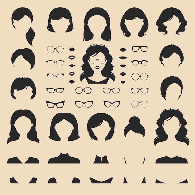 Grote vector set aankleden constructor met verschillende vrouw kapsels bril lippen dragen in trendy vlakke stijl vrouwelijke gezichten pictogram schepper