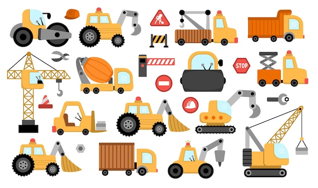 Grote vector speciale transport set Bouwplaats wegwerk bouw transport iconen met bulldozer tractor vrachtwagen crawler kraan lader graafmachine betonmixer Cute reparatie dienst voertuigenxA