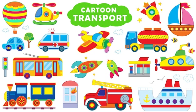 Grote vectorset van transport en auto's in grappige cartoonstijl