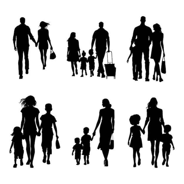 Grote verzameling familie silhouetten vrouwen lopen met kinderen en kinderen in verschillende poses vector illustratie