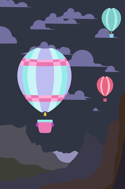 Grote vliegende ballonnen voor het vliegen in de lucht nachtvlucht nacht landschap vector illustratie poste