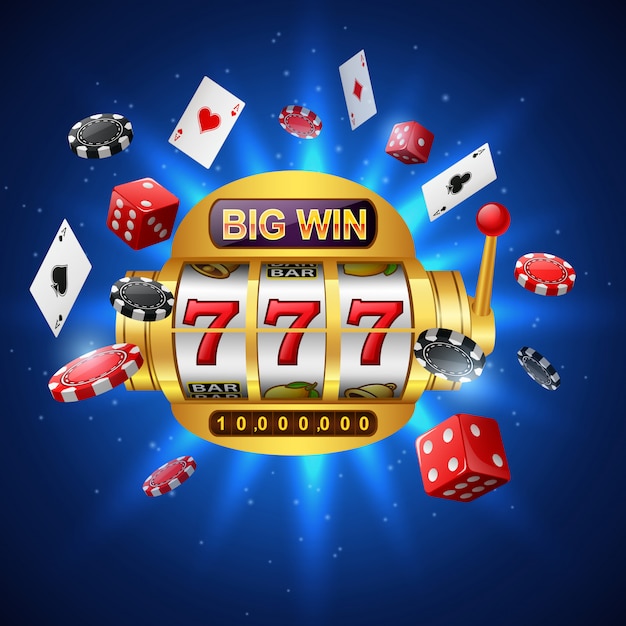 Grote winautomaat 777 casino met chip poker, dobbelstenen en speelkaarten op sprankelend blauw.