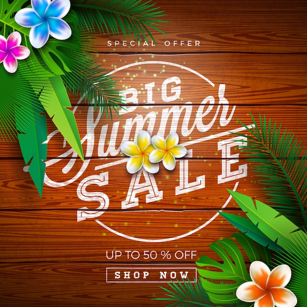Grote zomer verkoop ontwerp met exotische palmbladeren en typografie brief op vintage houten achtergrond. tropische speciale aanbieding illustratie