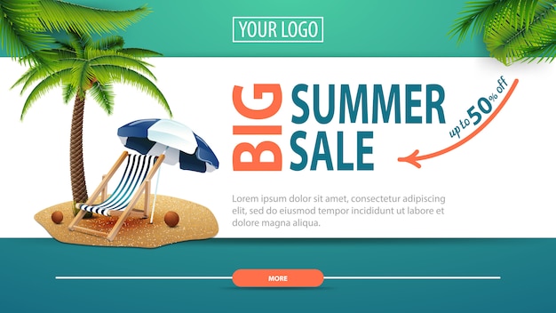 Grote zomerverkoop, korting op horizontale webbanner met modern, stijlvol design
