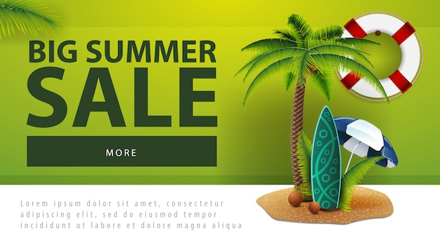 Grote zomerverkoop, kortingswebbanner met palm