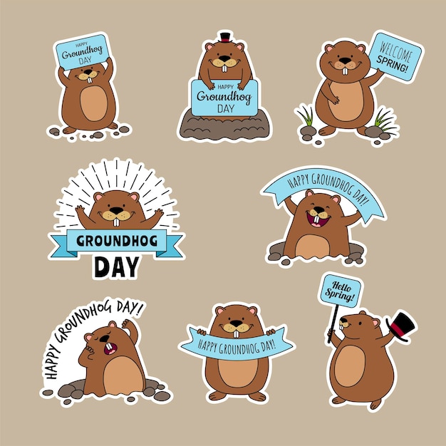 Groundhog day Ads 배지에는 시간 루프의 재미있는 동물 행복한 groundhog 기호가 포함되어 있으며 최근 벡터 레이블 컬렉션에는 텍스트 위치가 있습니다.