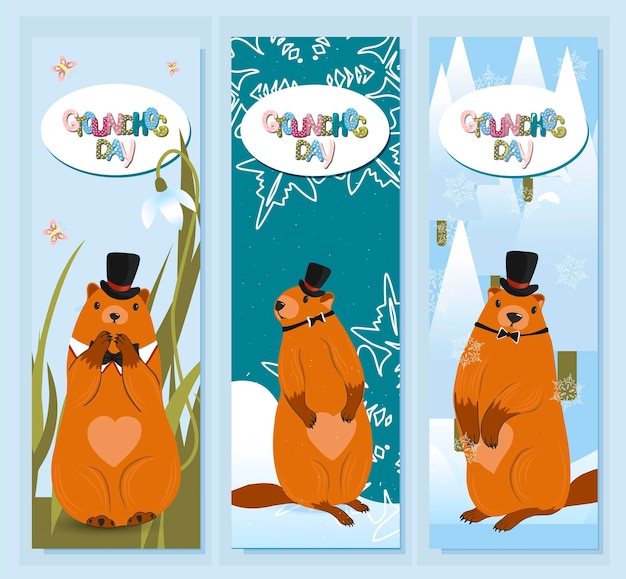 Vector groundhog day card the harbinger of spring cute marmot character february 2