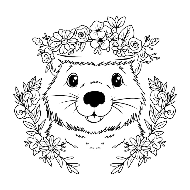 그라운드모그 데이 (Groundhog Day) 컬러링 페이지 꽃이 있는 귀여운 마르모트의 수염