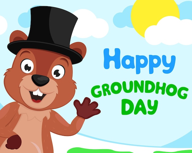 Groundhog in a hat waving his paw against the background of nature, space for text, copyspace. groundhog day