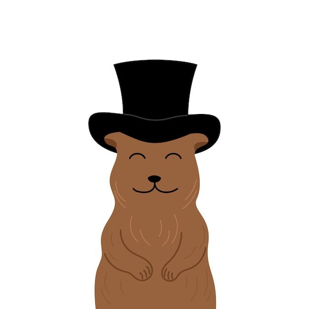 Groundhog isolated. Cute cartoon happy marmot in black hat. Vector flat illustration