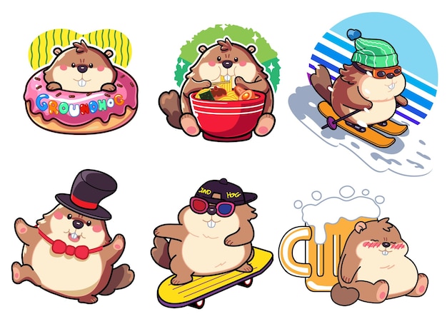 Vector groundhog semicartoon style illustration multiple activity for the concept of groundhog day
