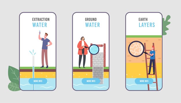 Groundwater or artesian water extraction mobile app page onboard screen template