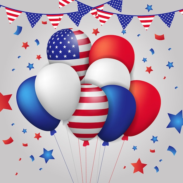 Vector group of 3d colorful flying helium balloon with stripes american flag