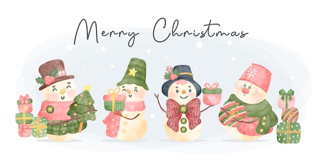 Group of 4 Christmas snowman chatacter cartoon watercolor illustration vector for banner merry christmas